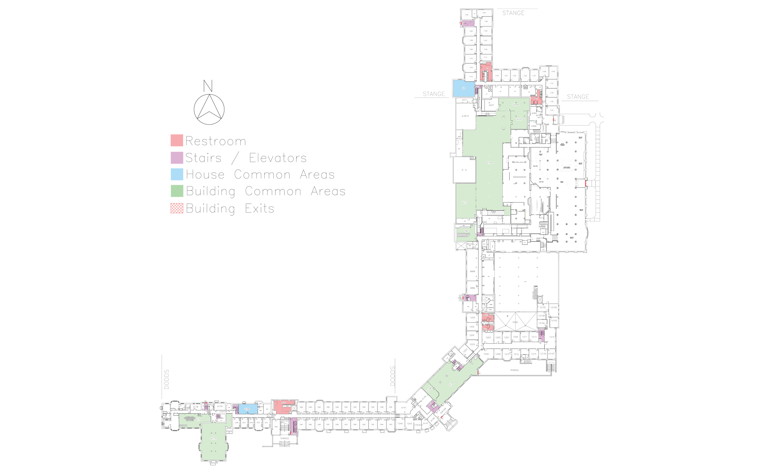 Floor plan showing house locations on the first floor of Friley Hall.