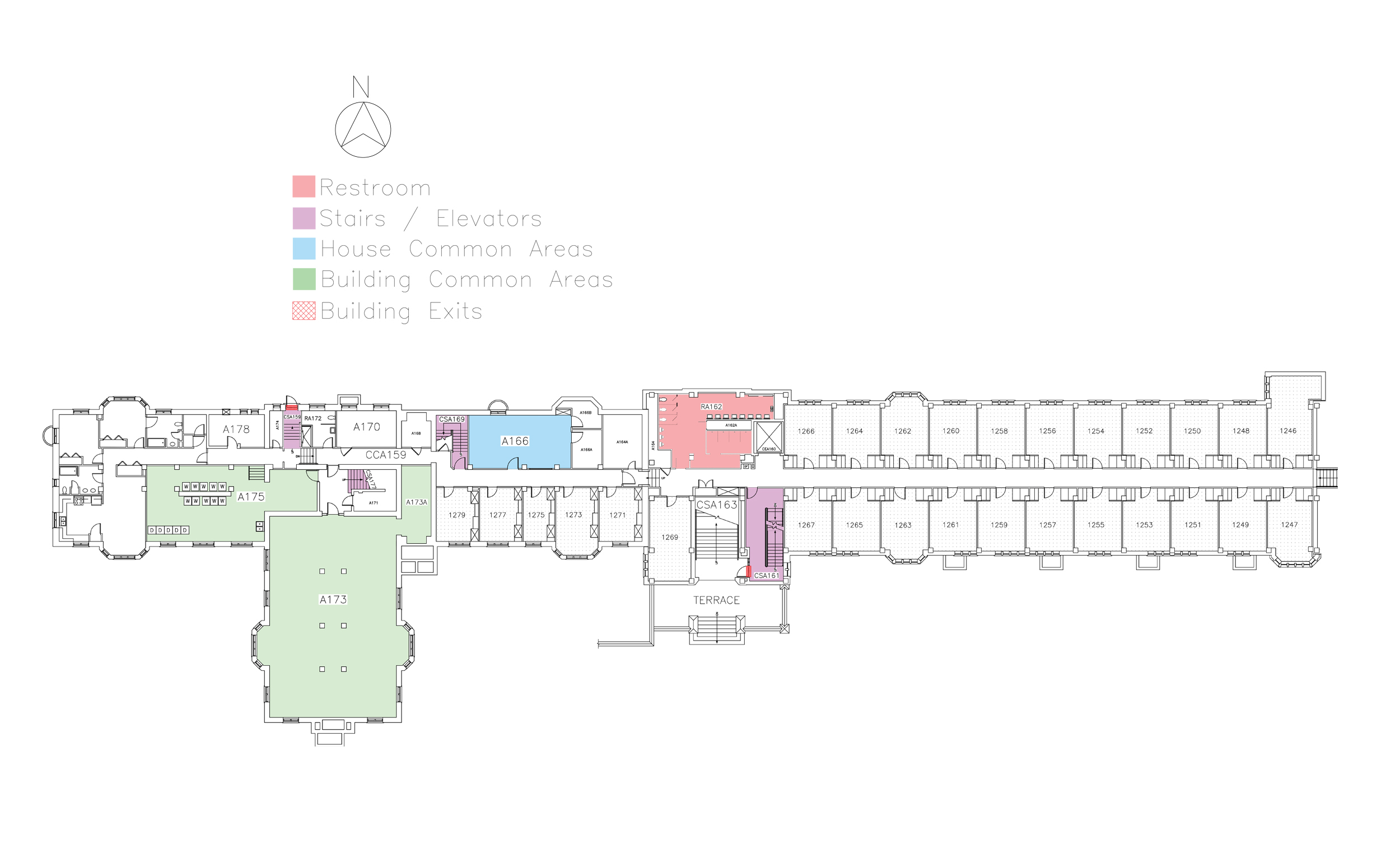 Dodds House, first floor in Friley Hall floor plan. Identifies the location of rooms, bathrooms and common space.