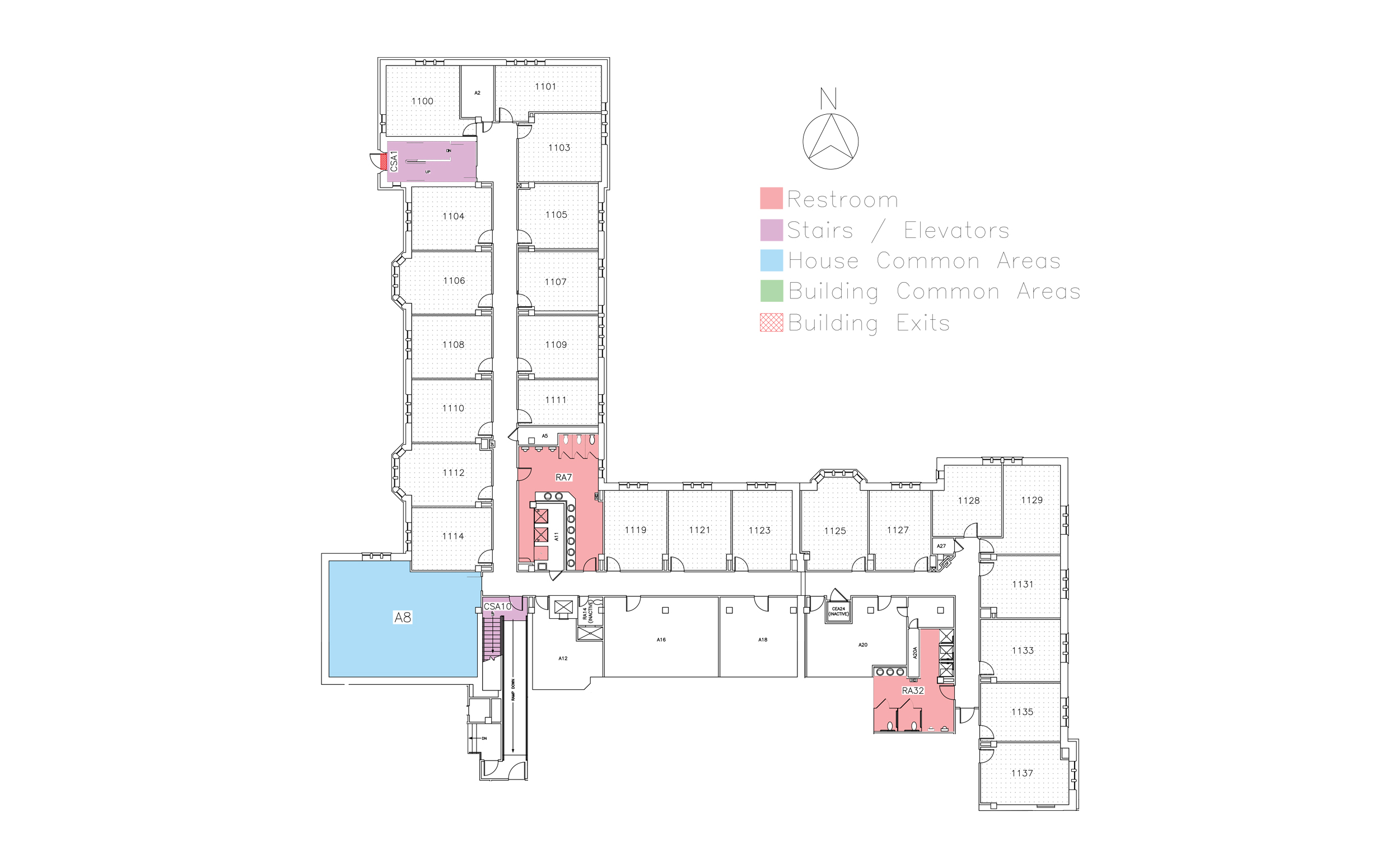 Stange House, first floor in Friley Hall floor plan. Identifies the location of rooms, bathrooms and common space.