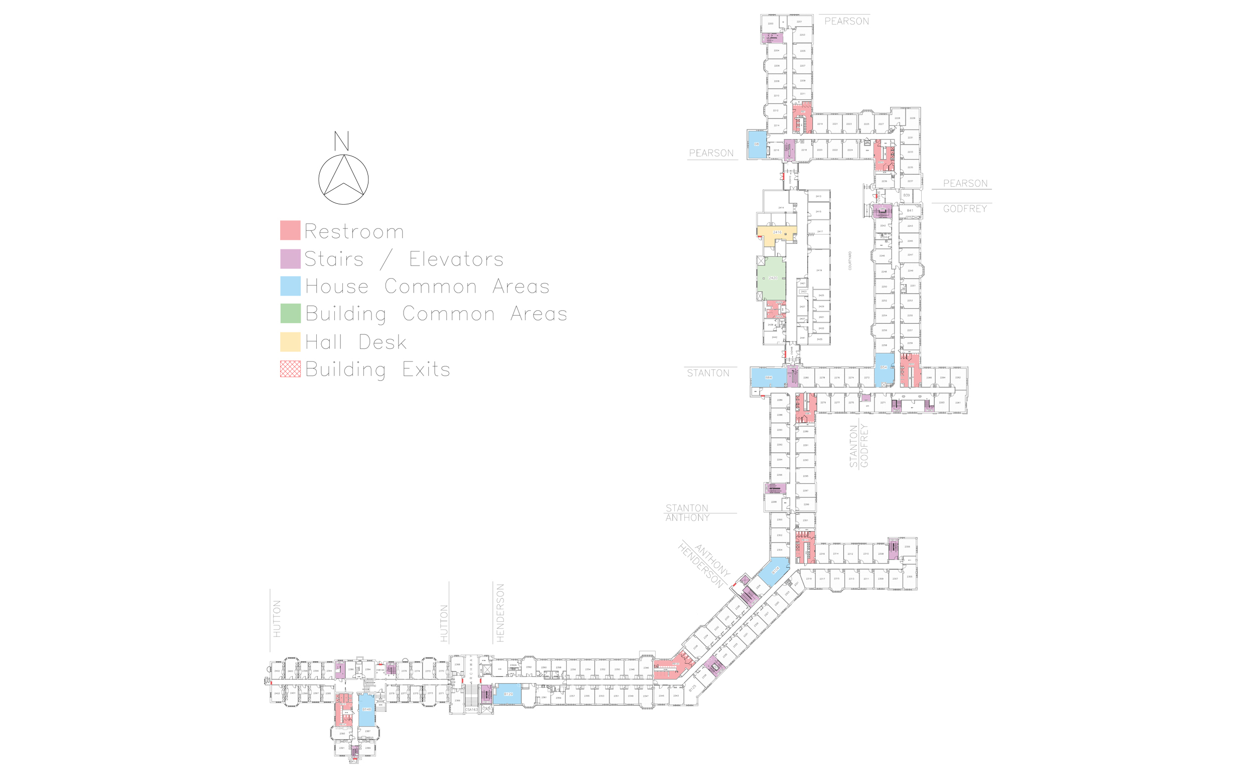 Floor plan showing house locations on the second floor of Friley Hall.