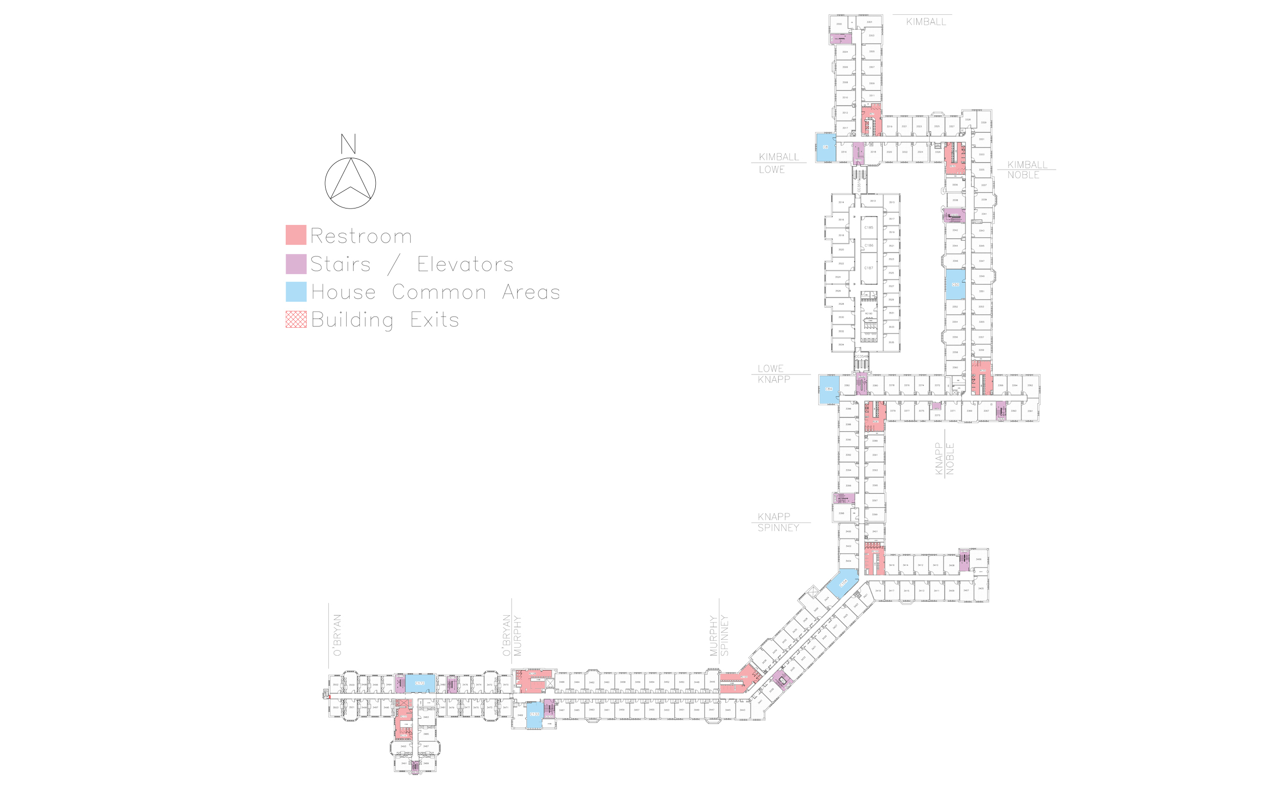Floor plan showing house locations on the third floor of Friley Hall.