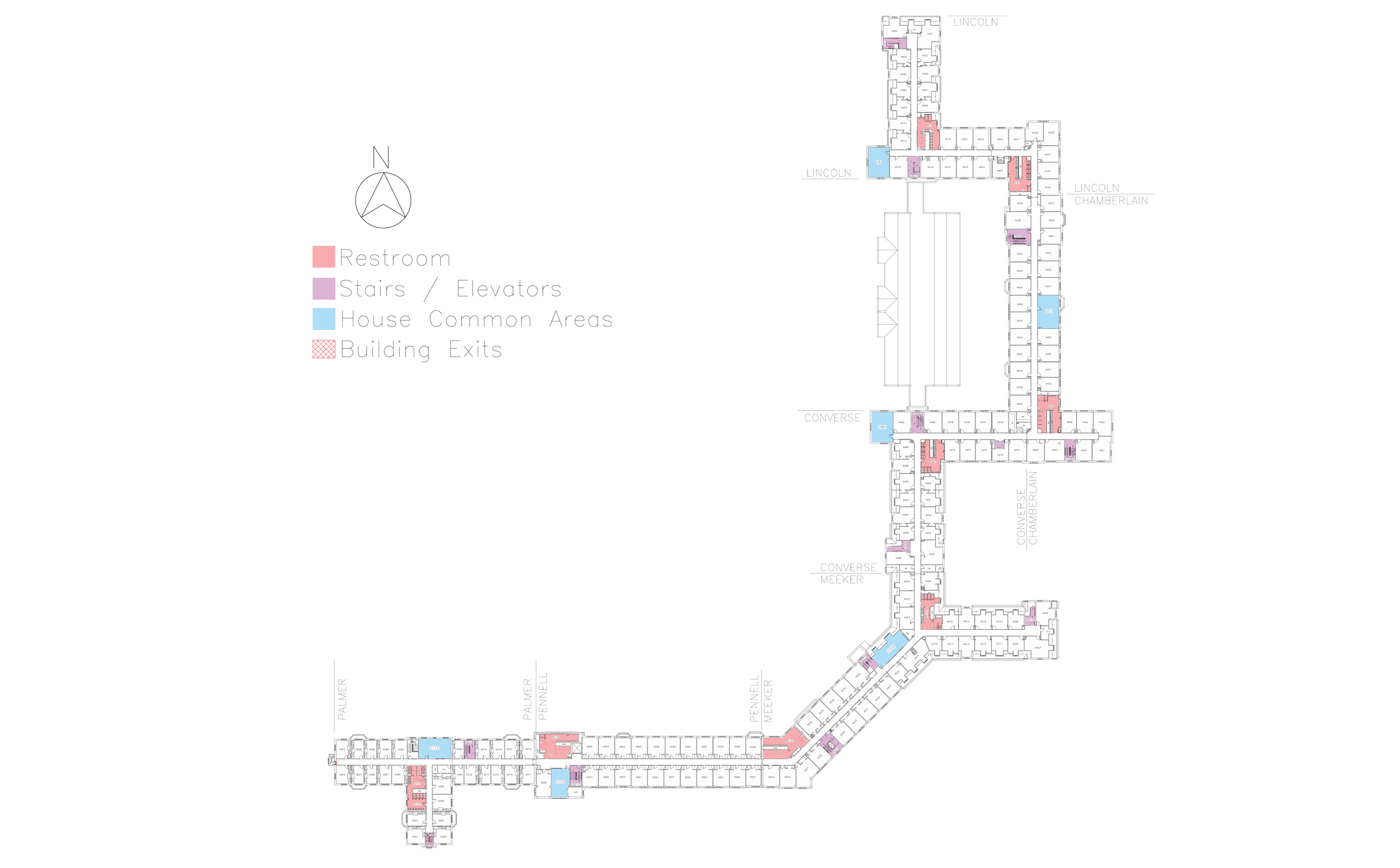 Floor plan showing house locations on the fourth floor of Friley Hall.