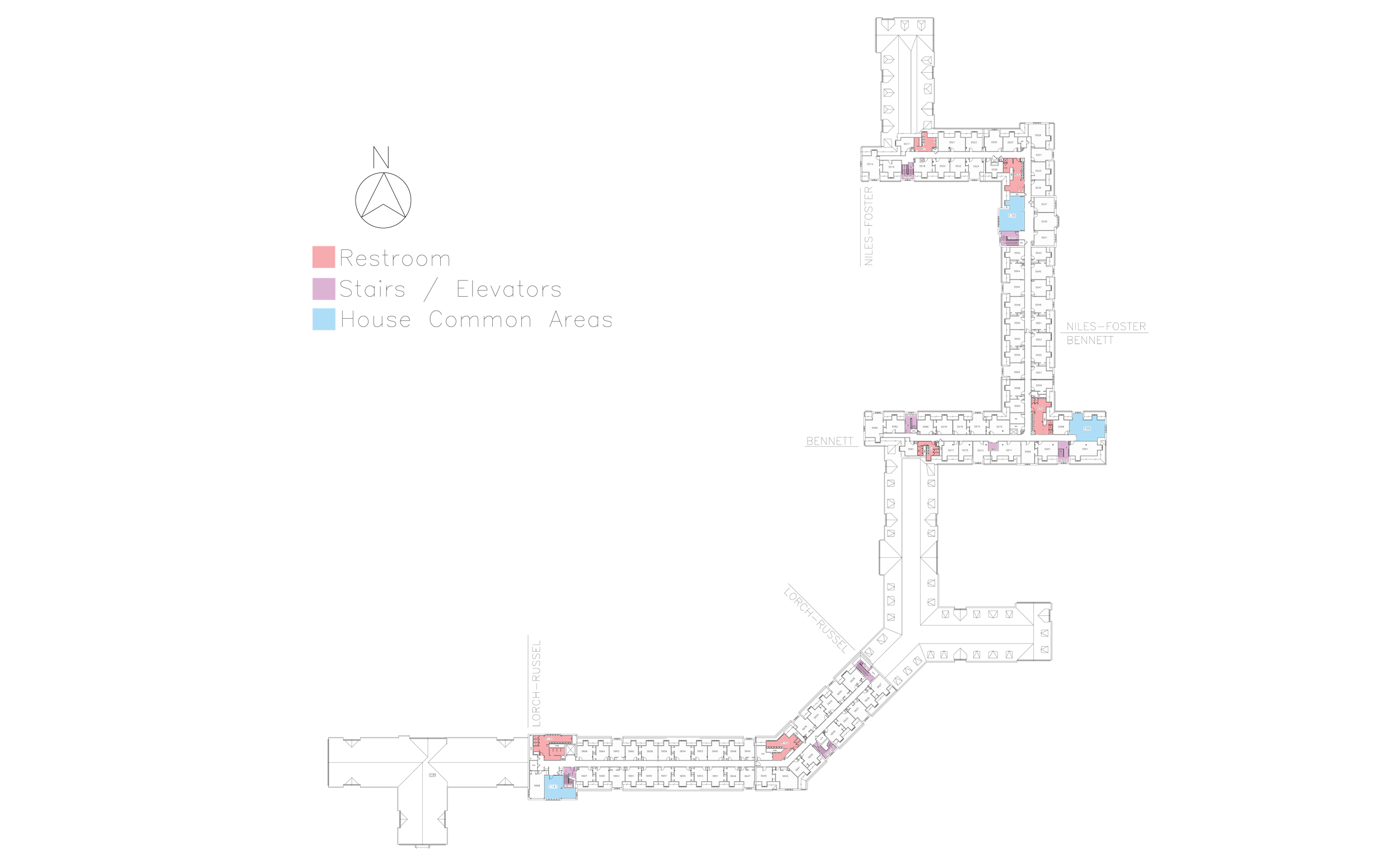 Floor plan showing house locations on the fifth floor of Friley Hall.
