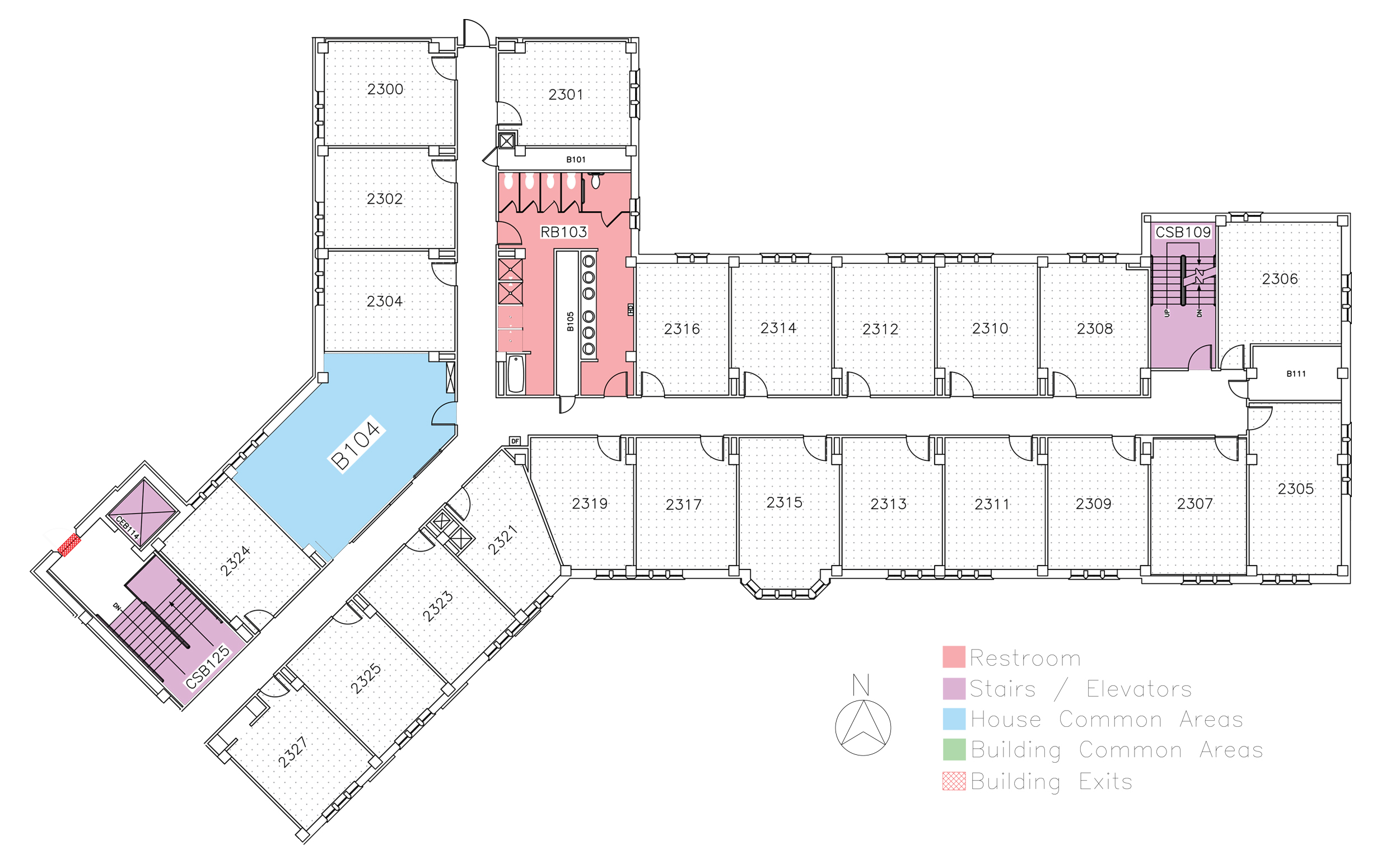 Anthony House, second floor in Friley Hall floor plan. Identifies the location of rooms, bathrooms and common space.