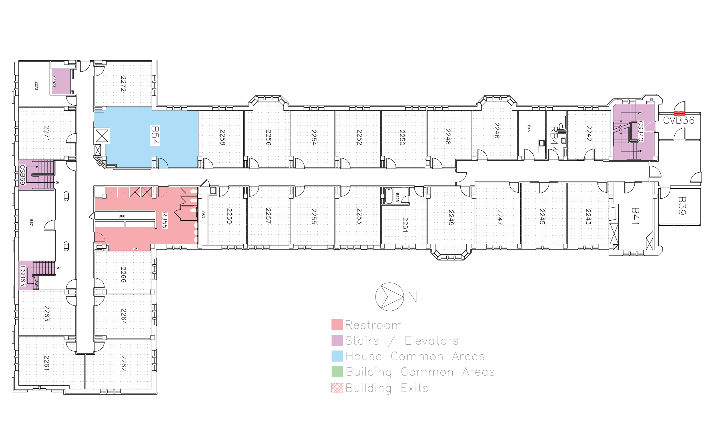 Godfrey House, second floor in Friley Hall floor plan. Identifies the location of rooms, bathrooms and common space.