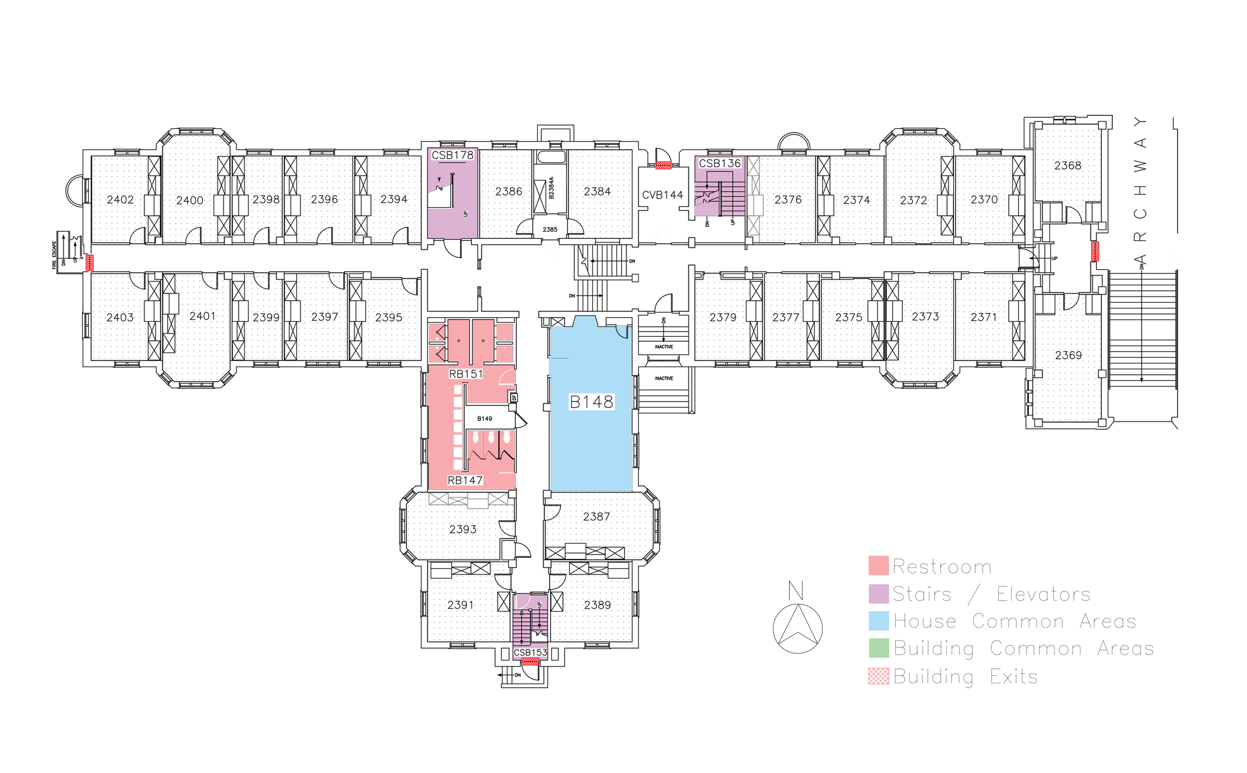 Hutton House, second floor in Friley Hall floor plan. Identifies the location of rooms, bathrooms and common space.