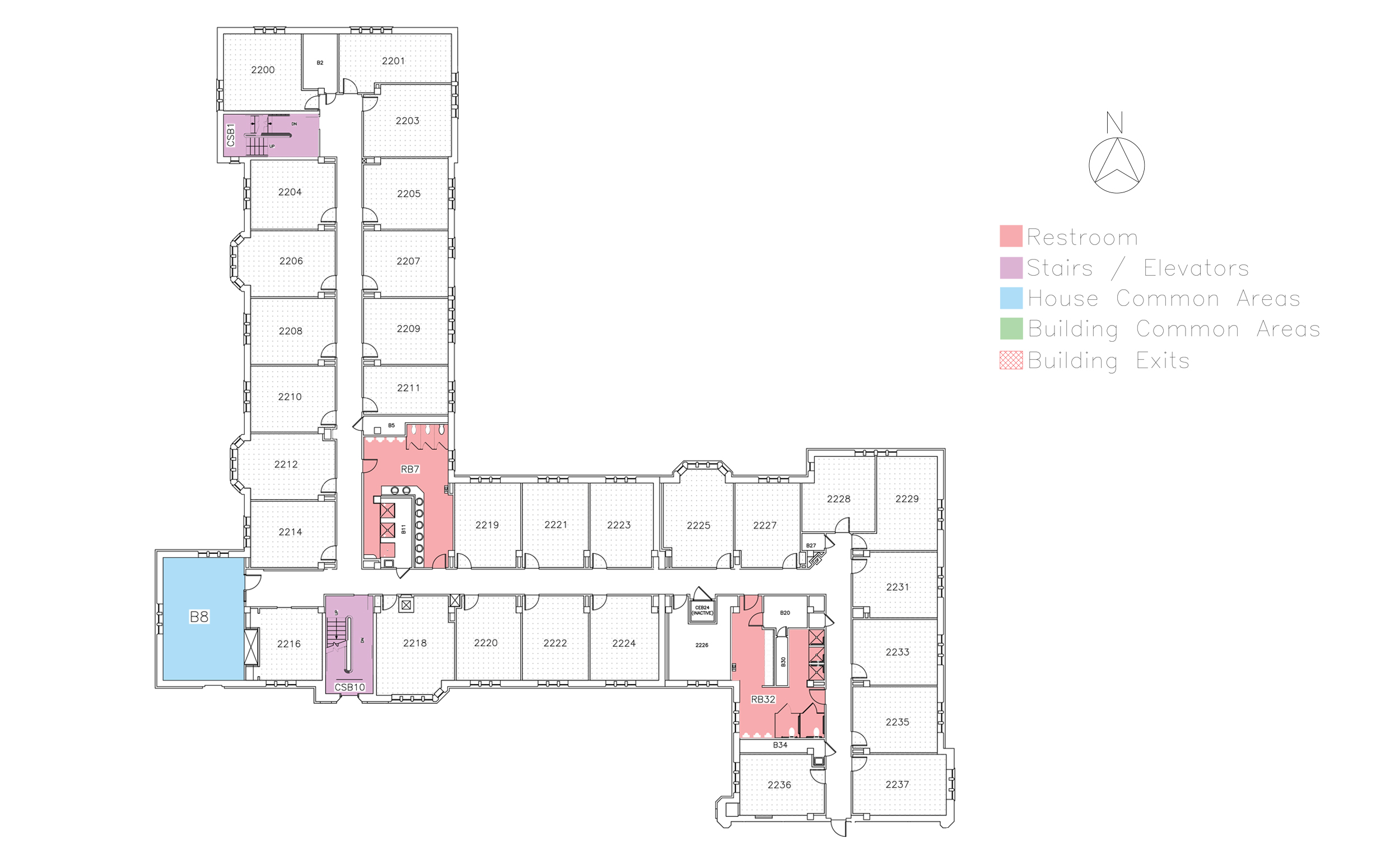 Pearson House, second floor in Friley Hall floor plan. Identifies the location of rooms, bathrooms and common space.
