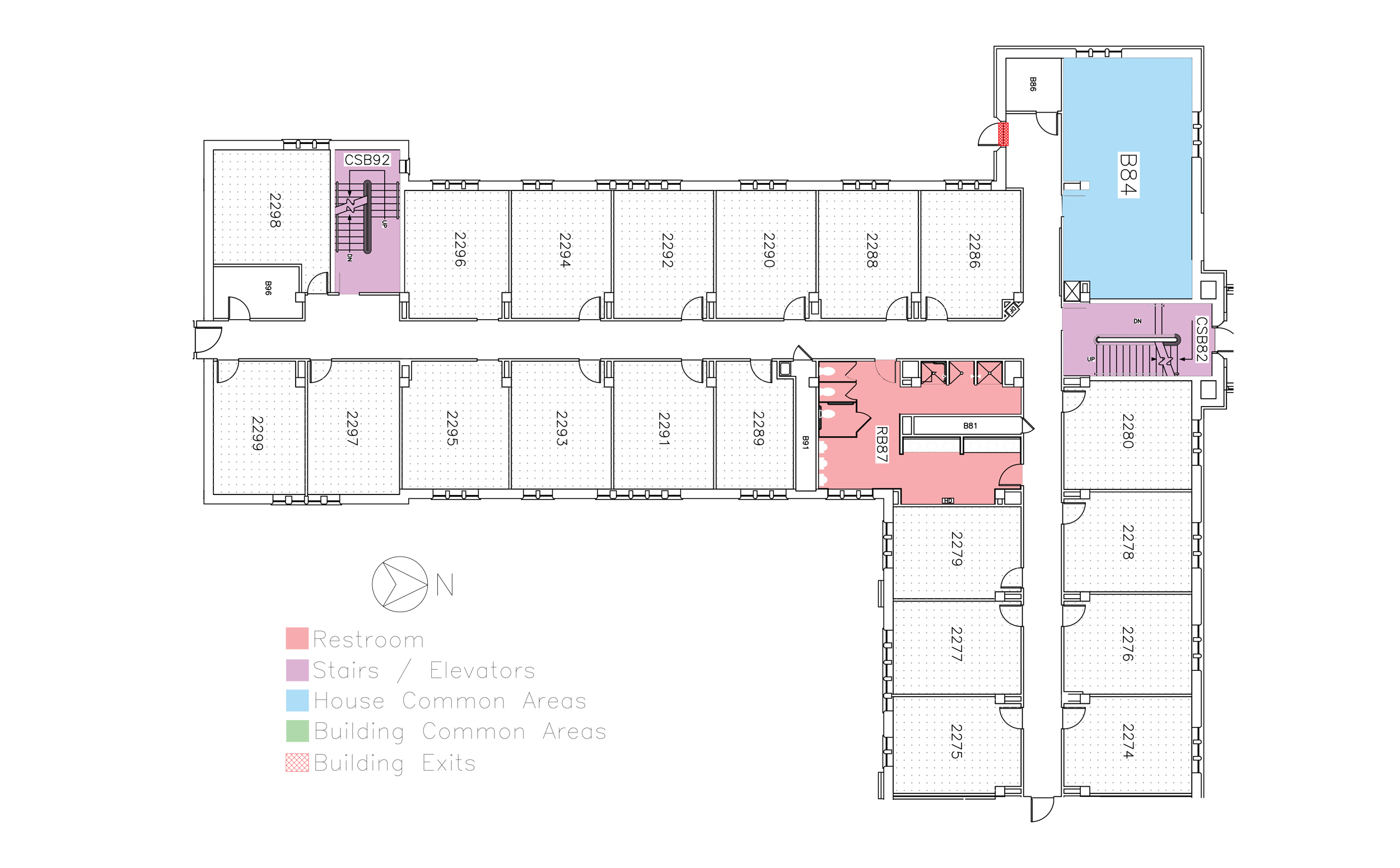 Stanton House, second floor in Friley Hall floor plan. Identifies the location of rooms, bathrooms and common space.