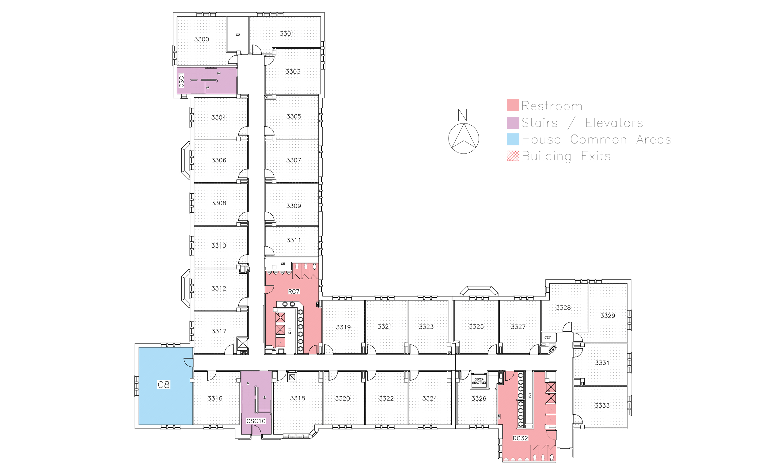 Kimball House, third floor in Friley Hall floor plan. Identifies the location of rooms, bathrooms and common space.