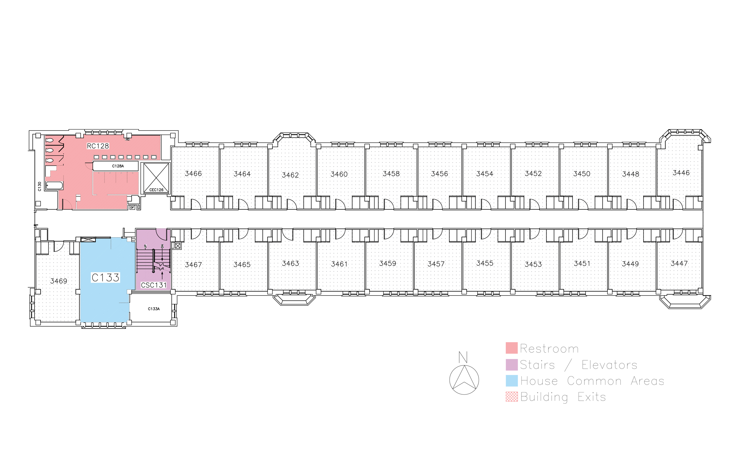 Murphy House, third floor in Friley Hall floor plan. Identifies the location of rooms, bathrooms and common space.