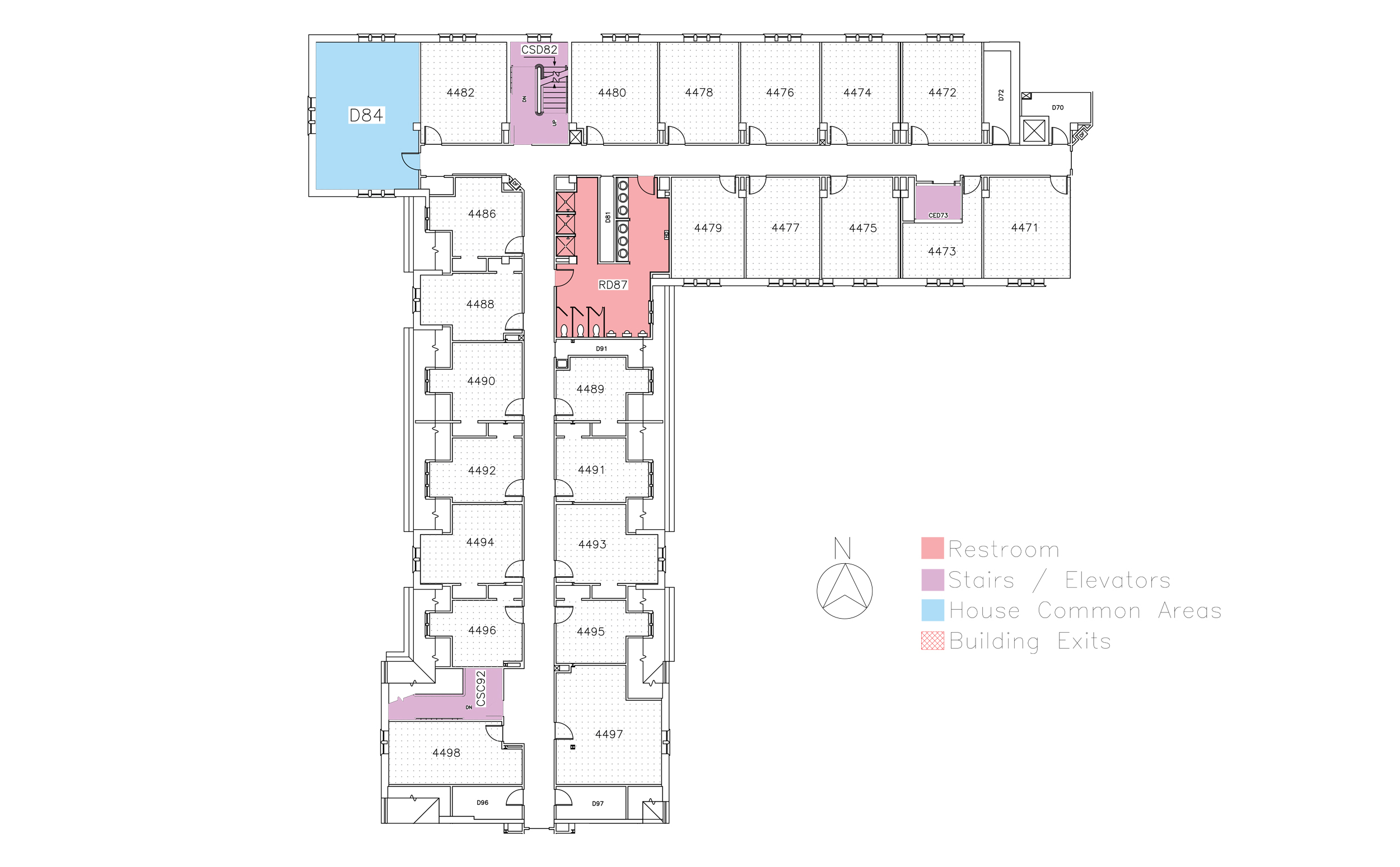 Floor plan for Converse House, fourth floor in Friley Hall. Identifies the location of rooms, bathrooms and common space.
