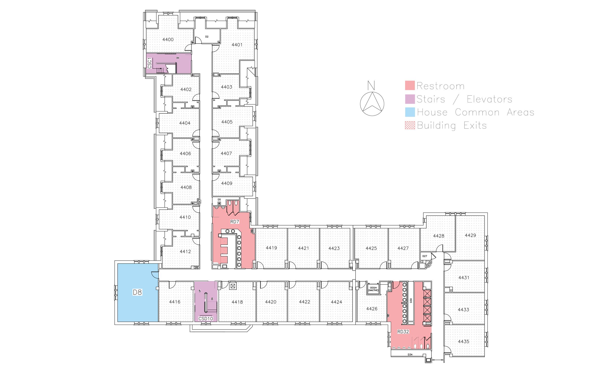 Floor plan for Lincoln House, fourth floor in Friley Hall. Identifies the location of rooms, bathrooms and common space.