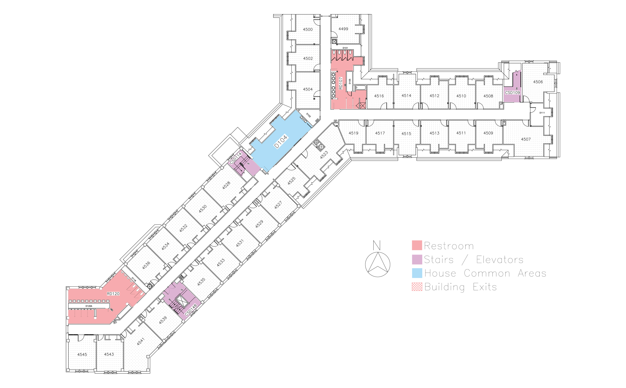 Floor plan for Meeker House, fourth floor in Friley Hall. Identifies the location of rooms, bathrooms and common space.