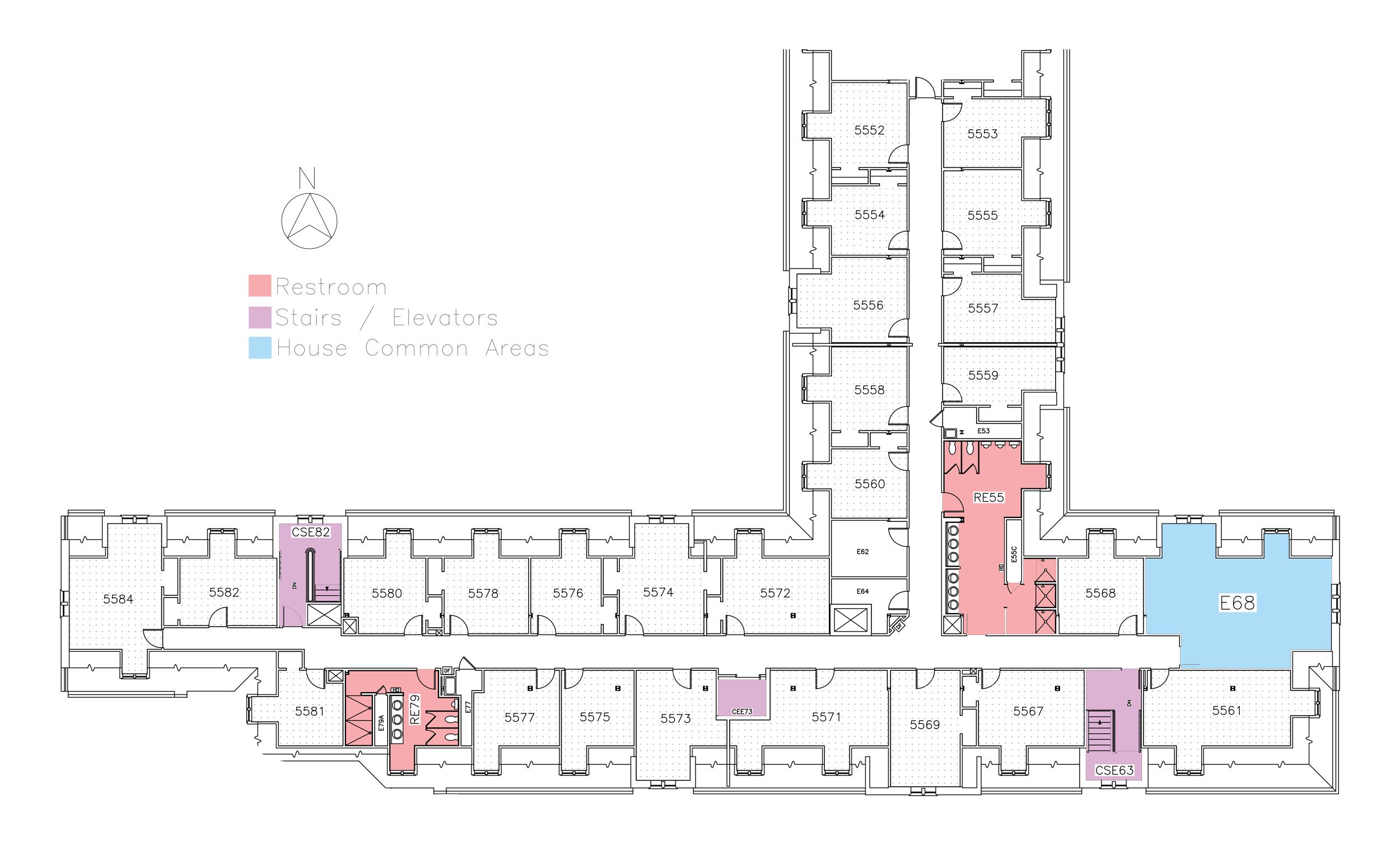 Bennett House, fifth floor in Friley Hall floor plan. Identifies the location of rooms, bathrooms and common space.