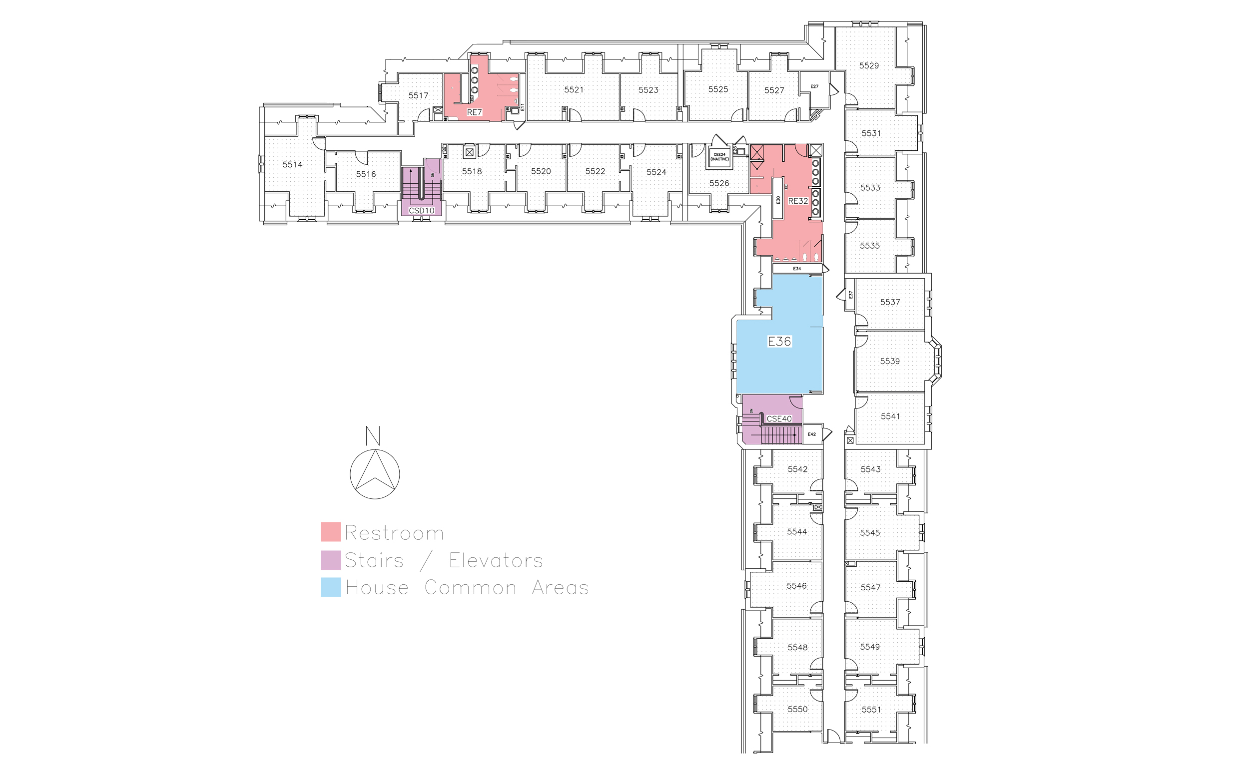 Niles-Foster House, fifth floor in Friley Hall floor plan. Identifies the location of rooms, bathrooms and common space.