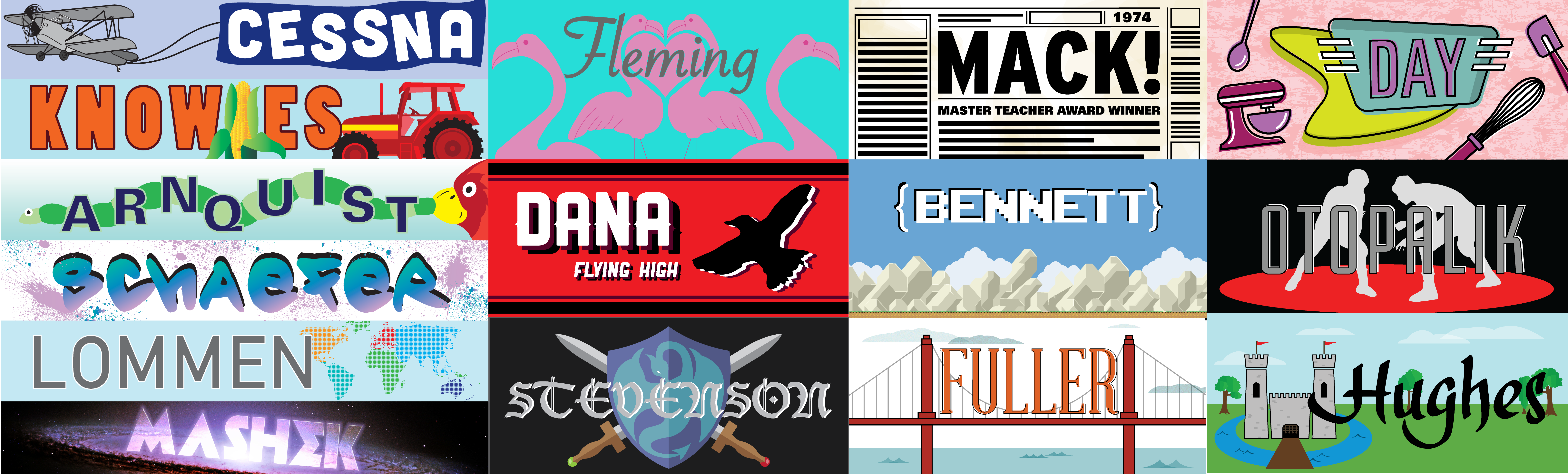 Collage of various house signs from across campus