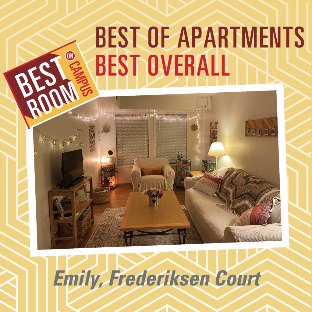 Graphic of the 2025 best room on campus winner from Frederiksen Court